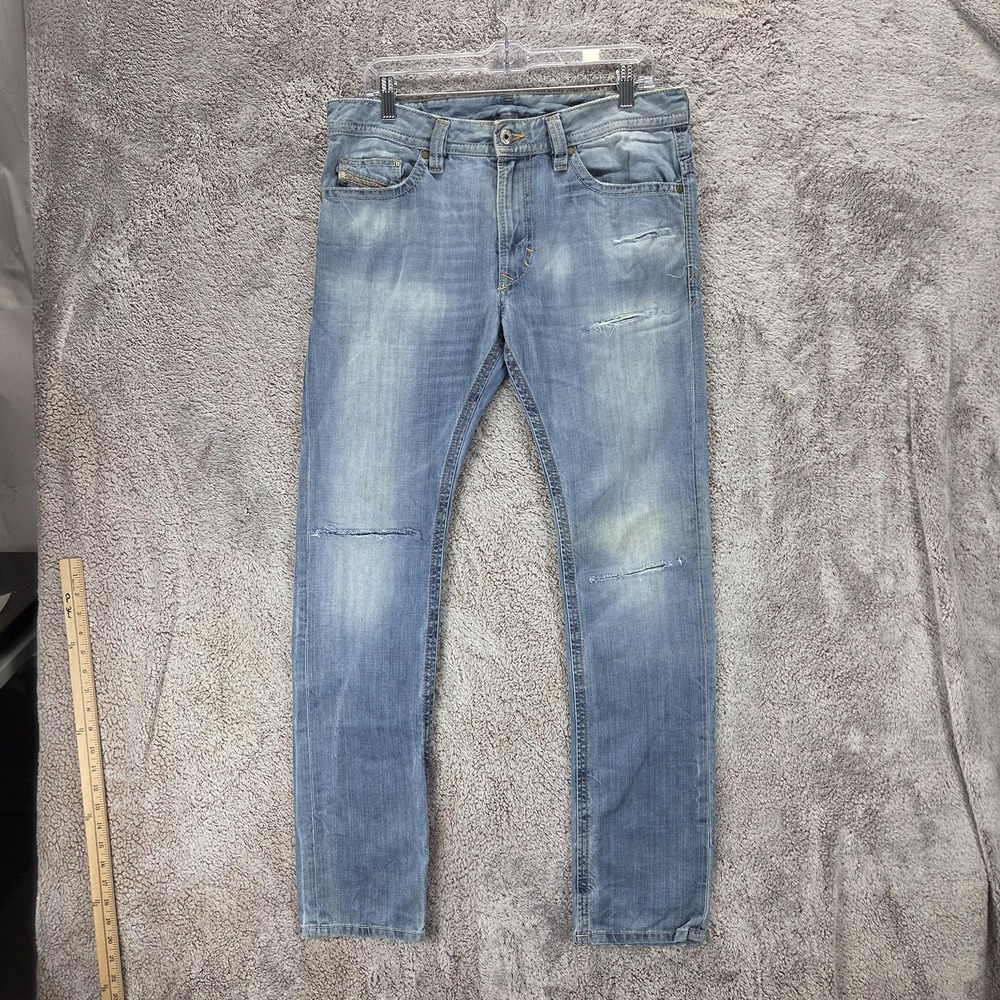 Diesel Jeans Mens 31x32 Blue Thavar Slim Skinny Light Wash Distressed 0826D